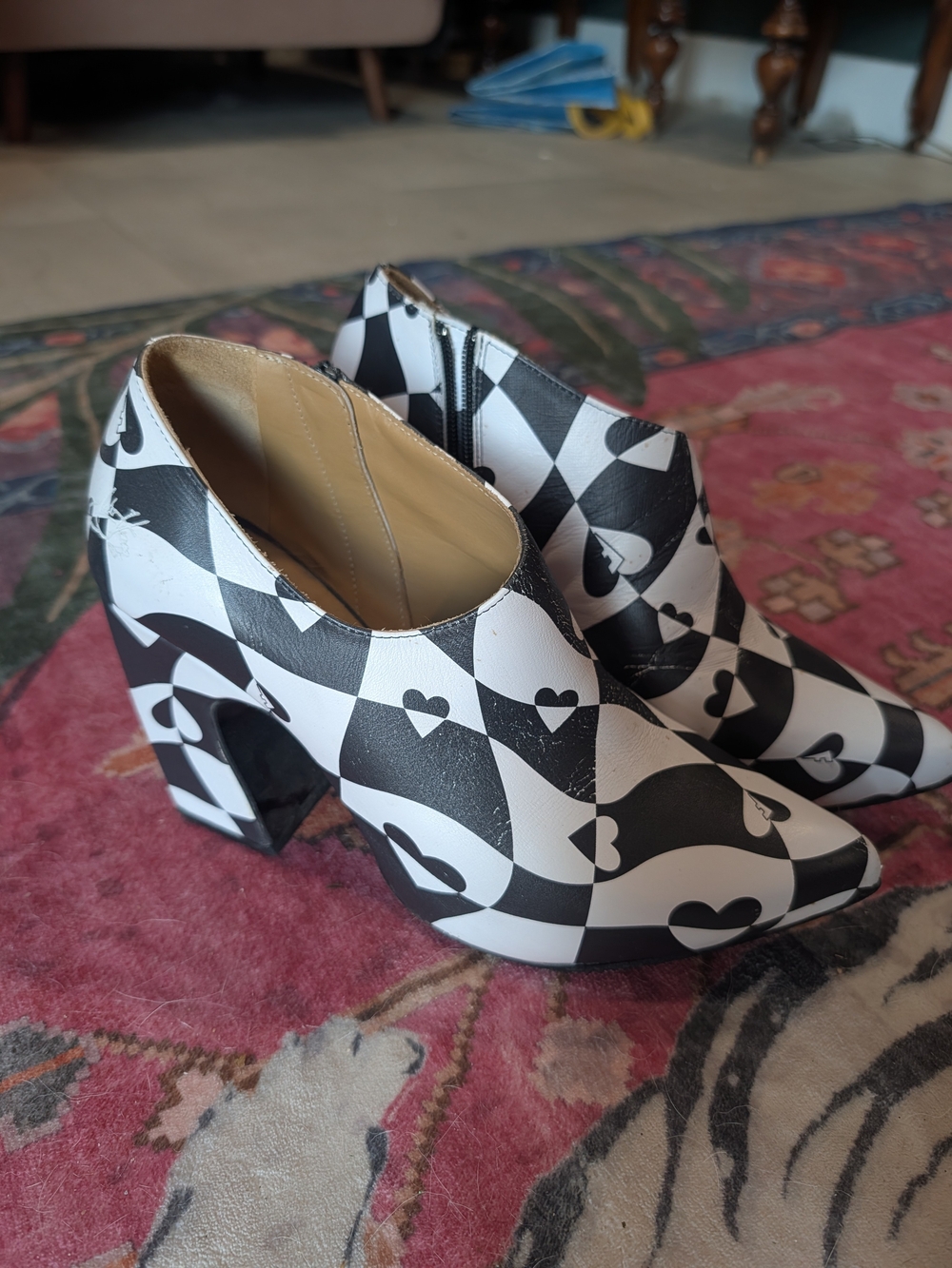 John Fluevog Women’s Black & White Heart Print Block Heel Pumps